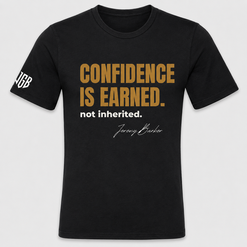 Quoted T-Shirt by JGB. Confidence Is Earned. Embroidered Jeremy Barker quote tee, $50.